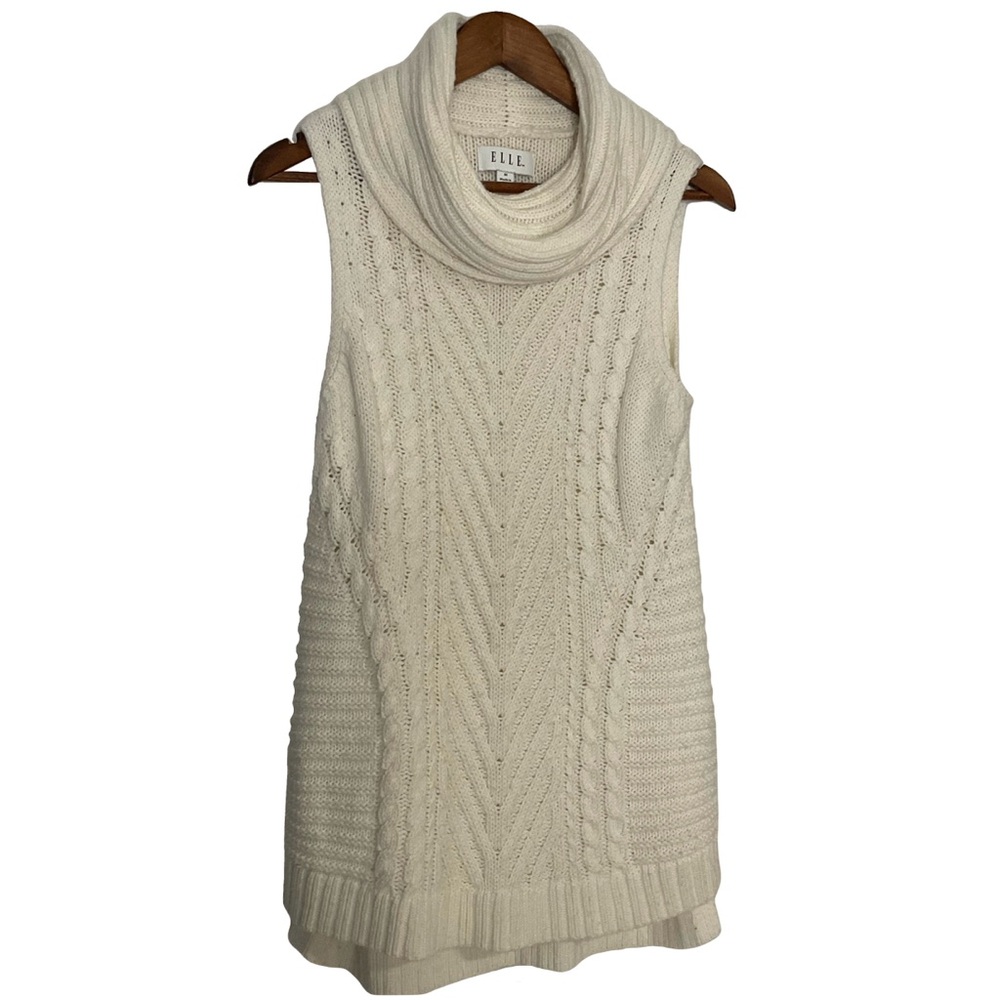 ELLE Cream Gorgeous Cable-Knit Sleeveless Cozy Cowl Neck Sweater; Size Medium